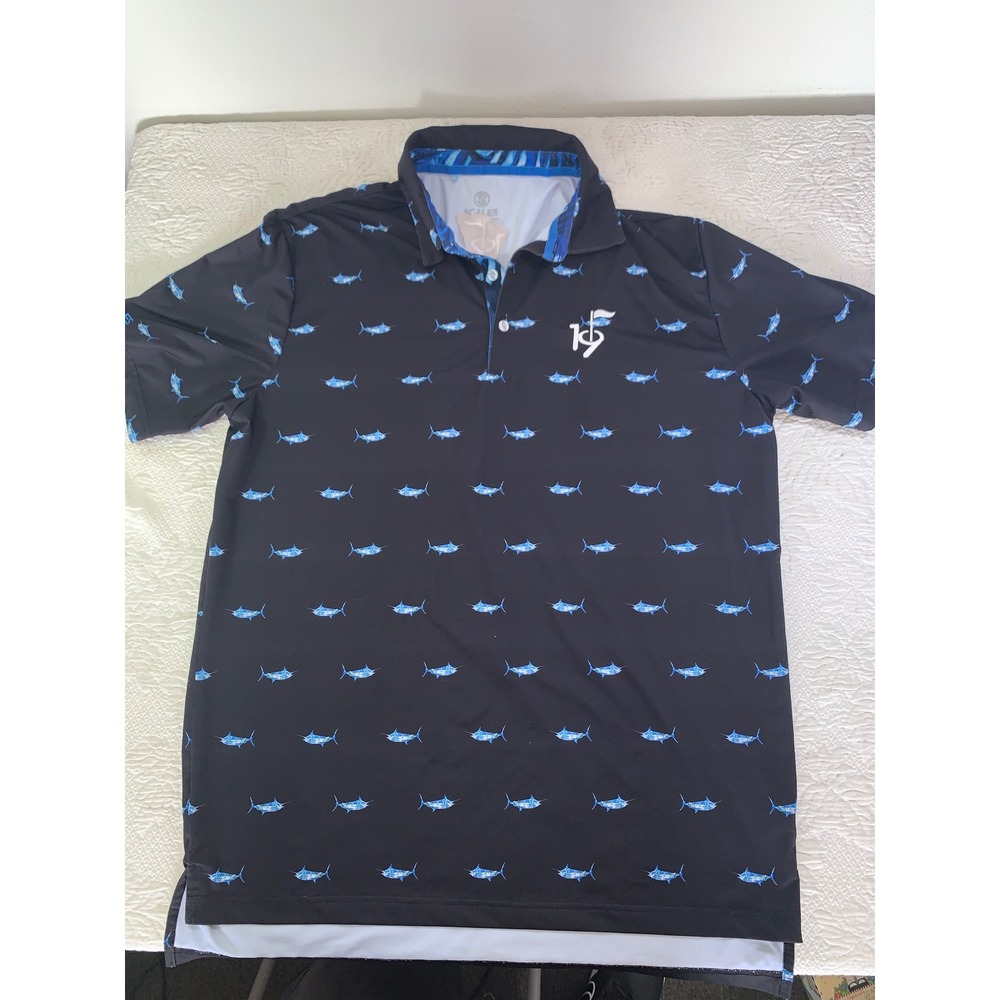Scales Gear Mens Performance Polo Shirt Black Blue Marlin Fish Golf 19th hole XL